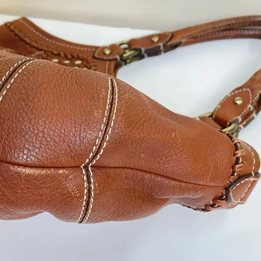 Cole Haan Paige Brown Crochet Woven Leather Double Handle Hobo Bag Purse
